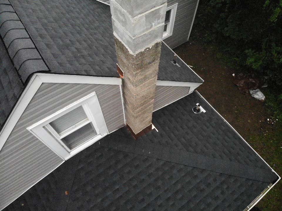 Overhead view of GAF asphalt shingles on home