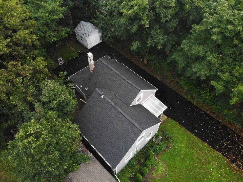 Overhead view of GAF asphalt shingles on home