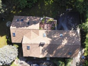 Aerial view of GAF shakewood asphalt shingles on home