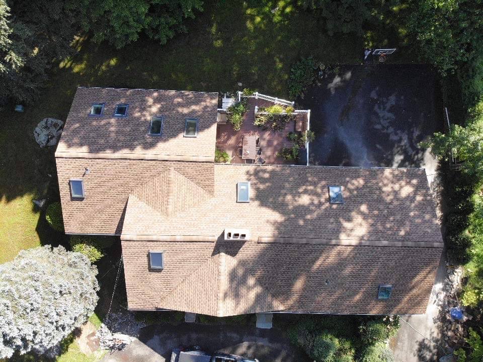 Overhead view of GAF asphalt shingles on home