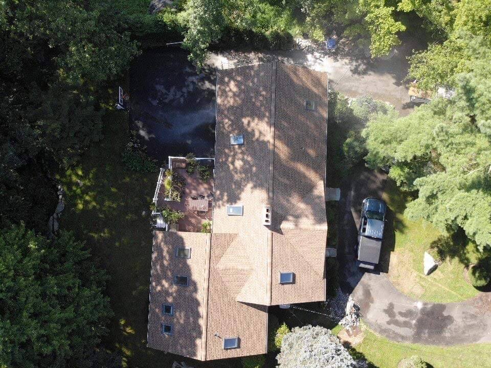 Overhead view of GAF asphalt shingles on home