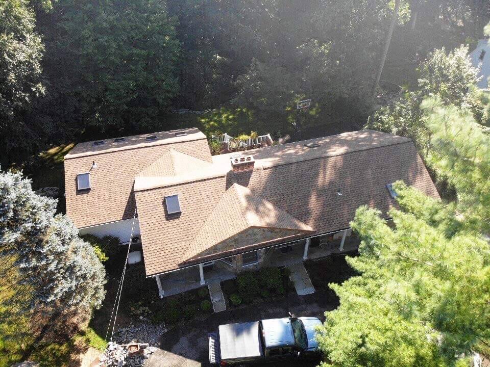 Overhead view of GAF asphalt shingles on home