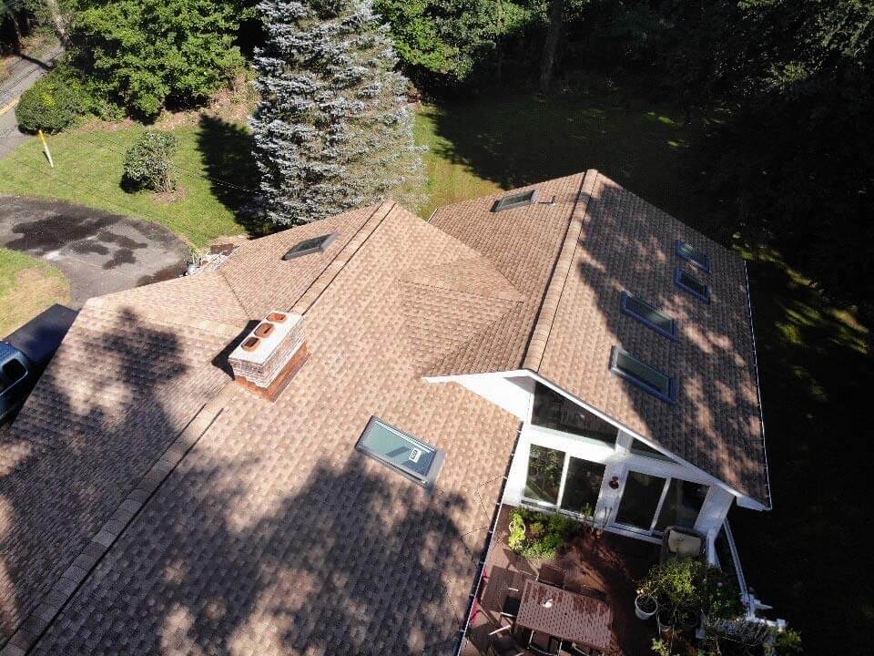 Overhead view of GAF asphalt shingles on home