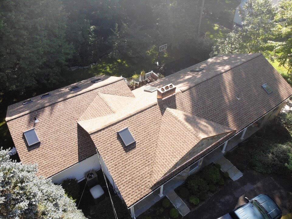 Overhead view of GAF asphalt shingles on home