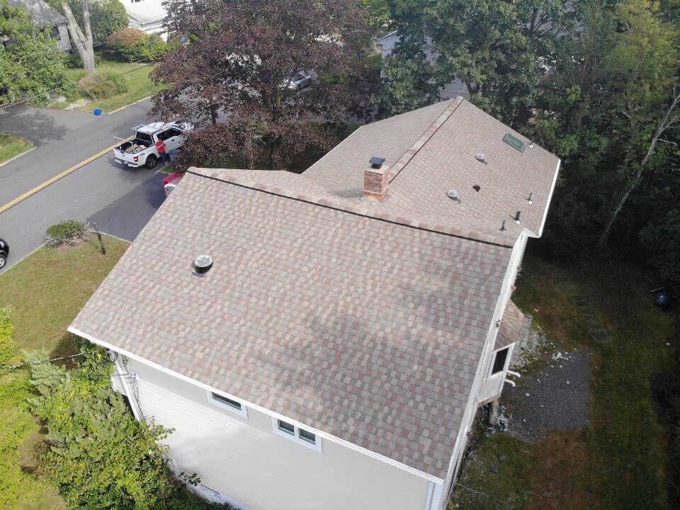 Overhead view of GAF asphalt shingles on home