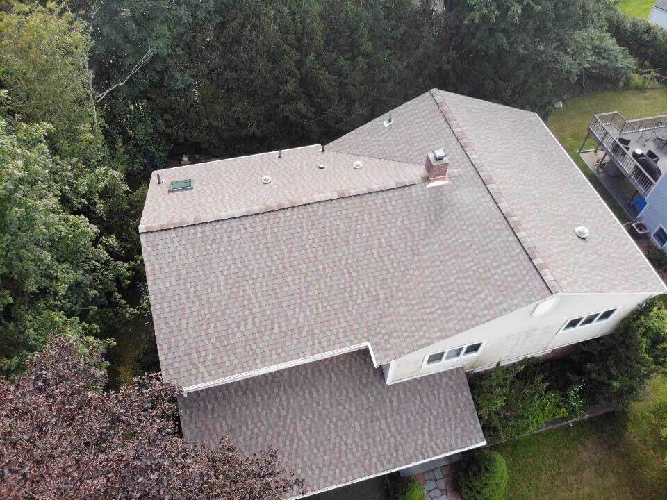 Overhead view of GAF asphalt shingles on home