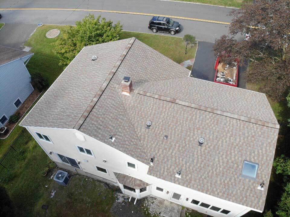 Overhead view of GAF asphalt shingles on home