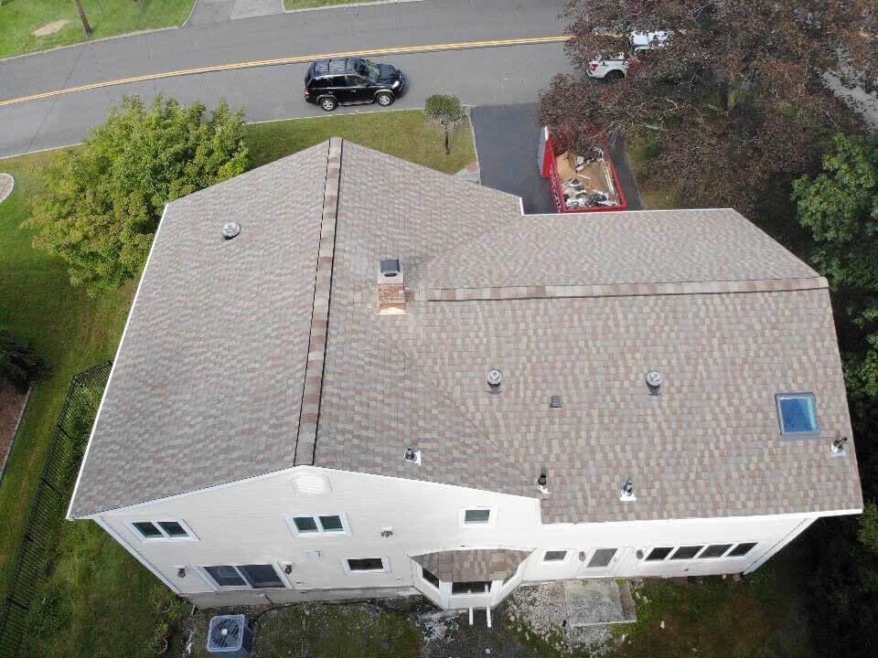 Overhead view of GAF asphalt shingles on home