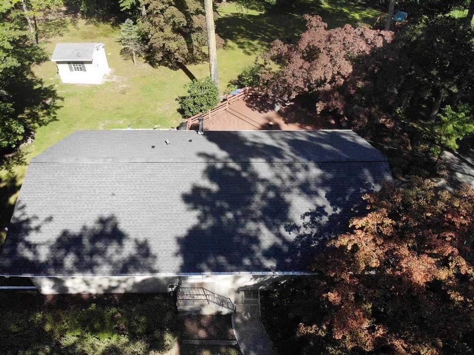 Overhead view of GAF asphalt shingles on home