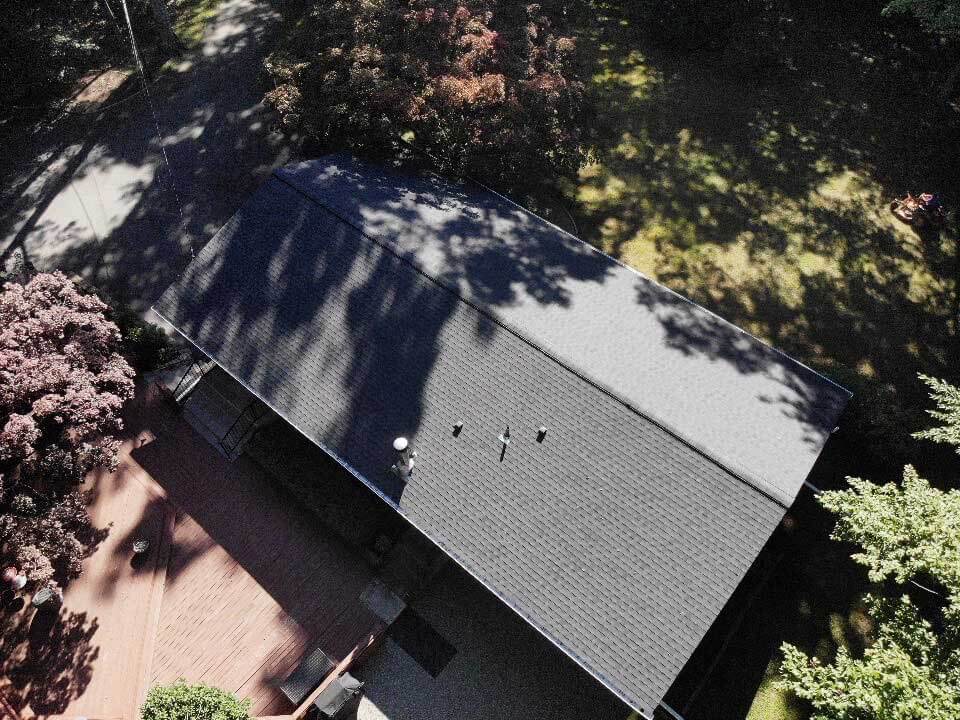 Overhead view of GAF asphalt shingles on home