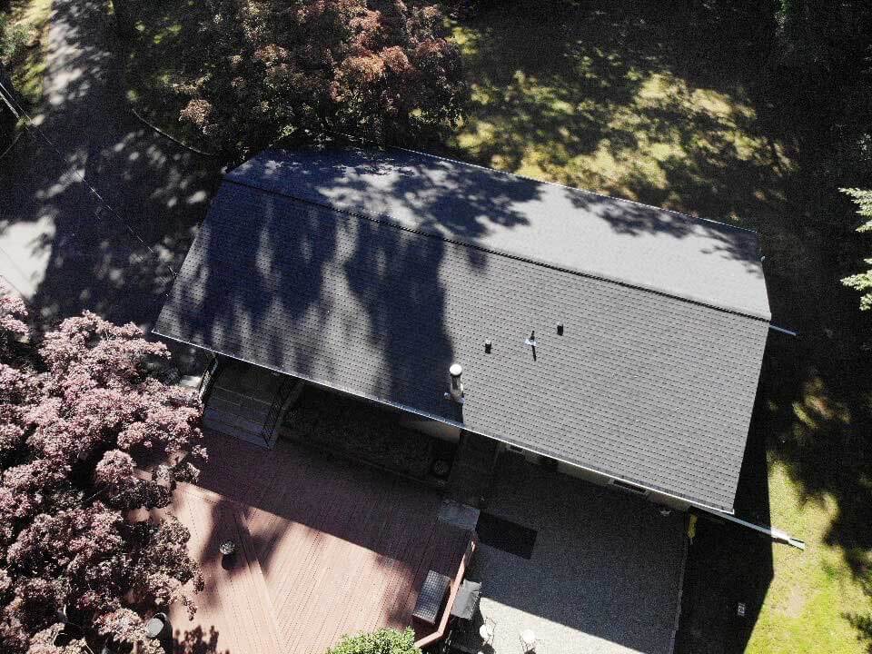 Overhead view of GAF asphalt shingles on home