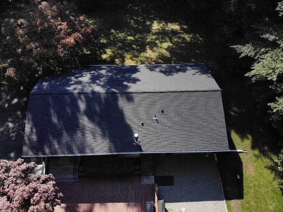 Overhead view of GAF asphalt shingles on home