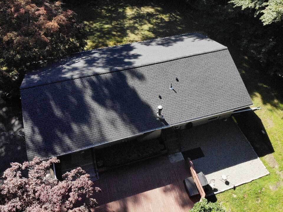 Overhead view of GAF asphalt shingles on home