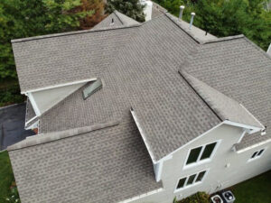 Aerial view of gray GAF asphalt shingles on home