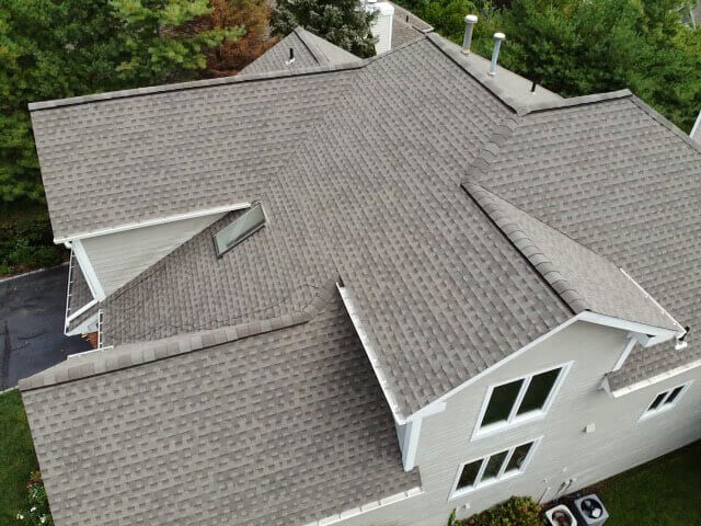 Overhead view of GAF asphalt shingles on home