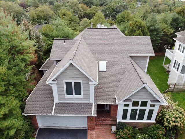 Overhead view of GAF asphalt shingles on home