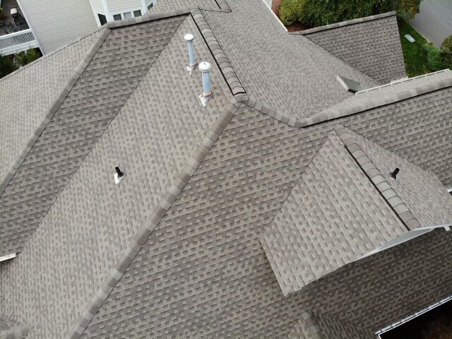 Overhead view of GAF asphalt shingles on home