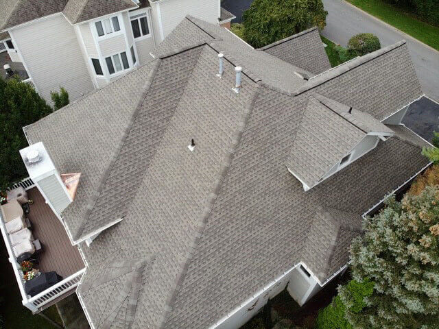 Overhead view of GAF asphalt shingles on home