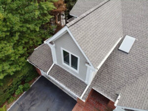 Aerial view of section of roof with GAF asphalt shingles