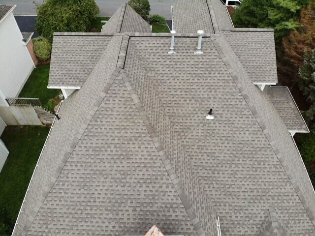 Overhead view of GAF asphalt shingles on home