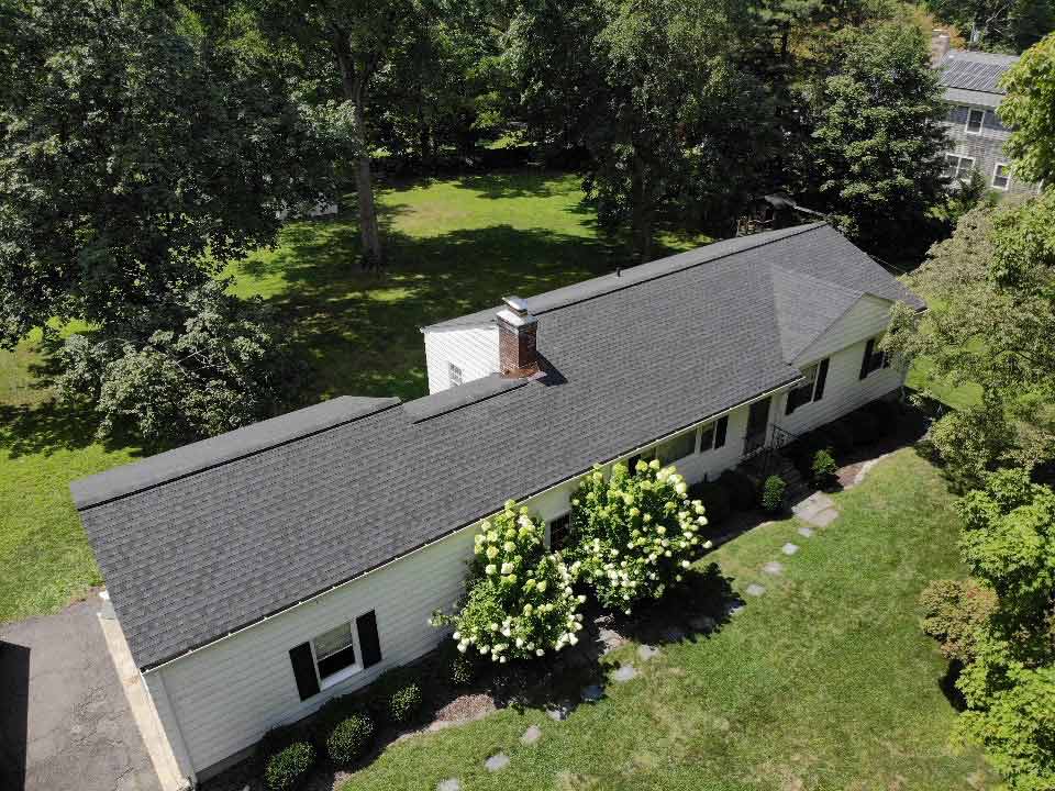 Overhead view of GAF asphalt shingles on home