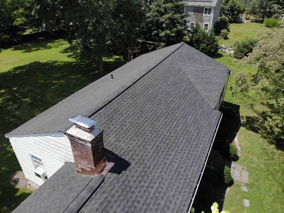 Overhead view of GAF asphalt shingles on home