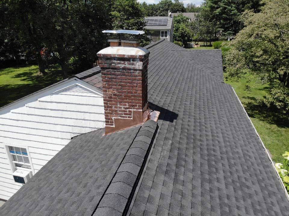 Overhead view of GAF asphalt shingles on home