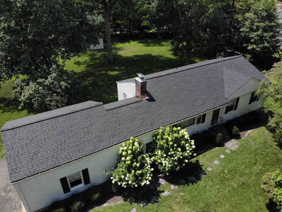 Overhead view of GAF asphalt shingles on home