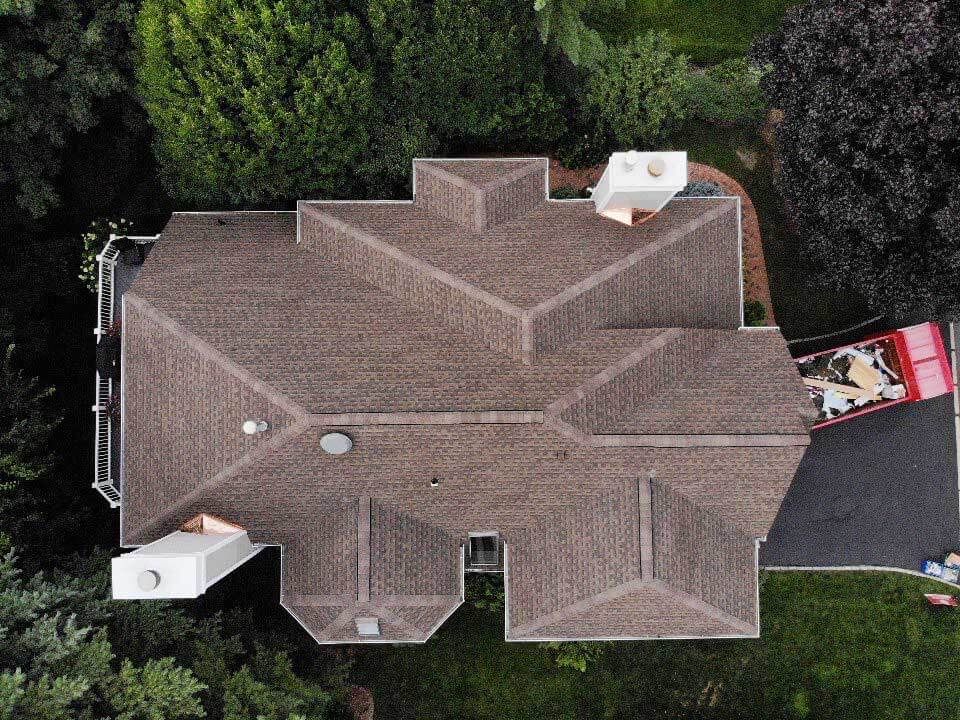 Overhead view of GAF asphalt shingles on home