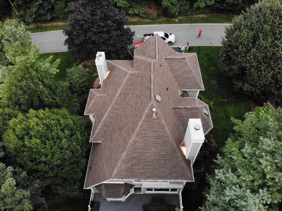 Overhead view of GAF asphalt shingles on home