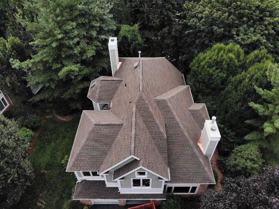 Overhead view of GAF asphalt shingles on home