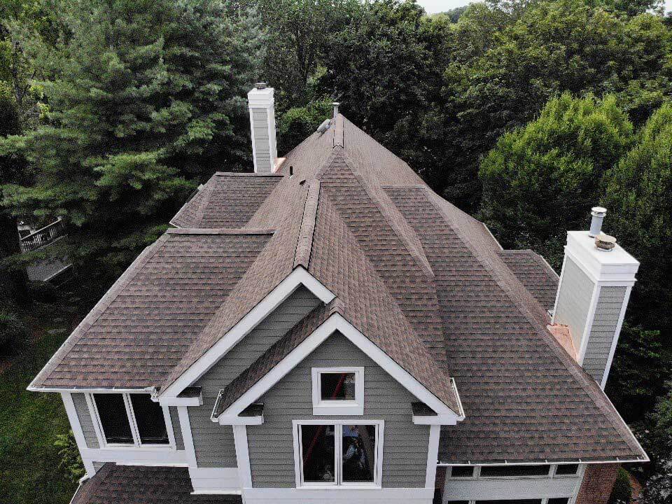 Overhead view of GAF asphalt shingles on home