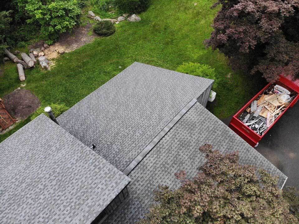 Aerial view of GAF asphalt shingles on home