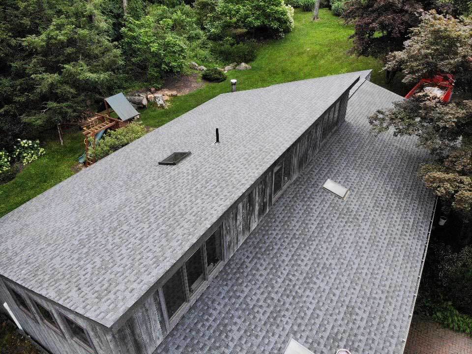 Aerial view of GAF asphalt shingles on home