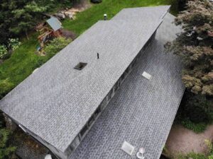 Aerial view of gray GAF asphalt shingles on home in Ridgefield