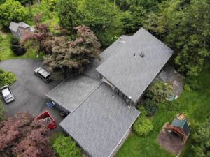 Aerial view of gray GAF asphalt shingles on home