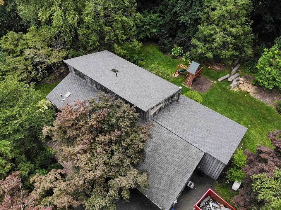 Aerial view of GAF asphalt shingles on home