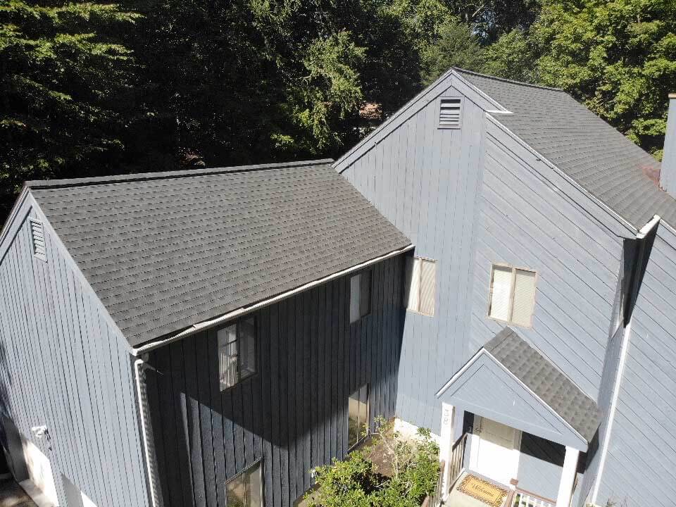 Overhead view of GAF asphalt shingles on home