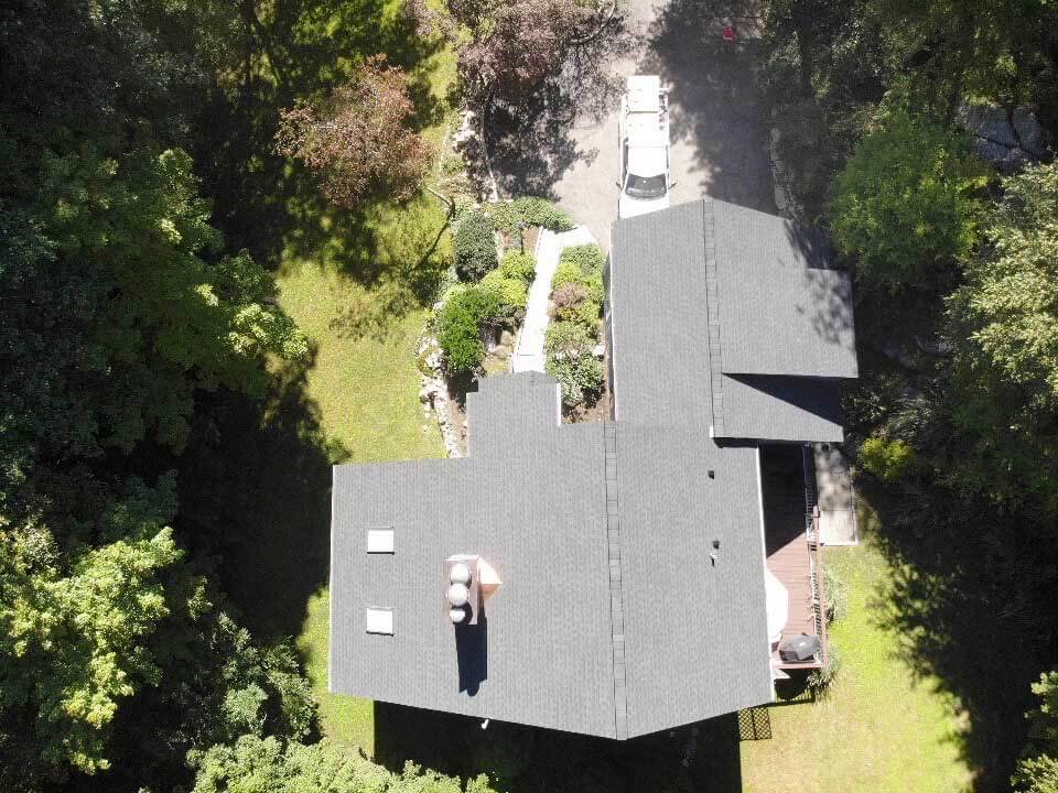 Overhead view of GAF asphalt shingles on home