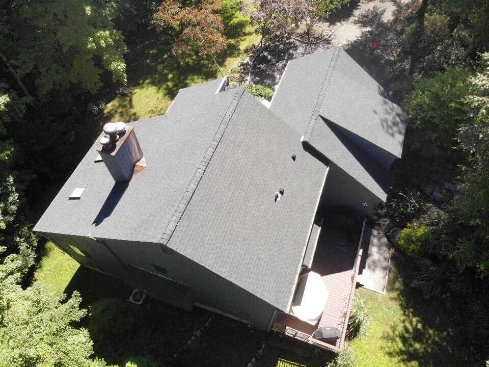 Overhead view of GAF asphalt shingles on home