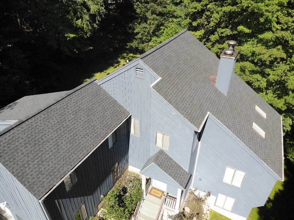 Overhead view of GAF asphalt shingles on home