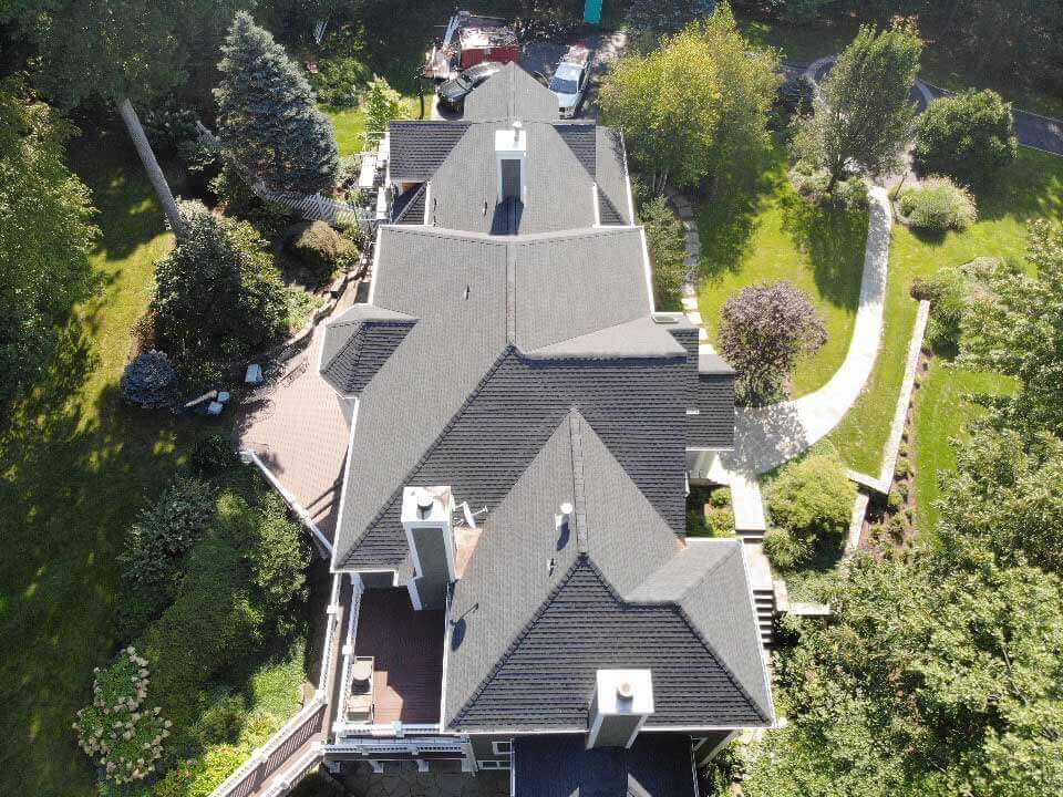 Overhead view of GAF asphalt shingles on home