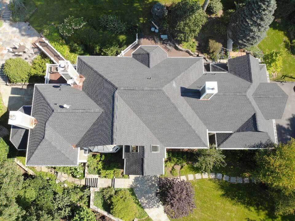 Overhead view of GAF asphalt shingles on home