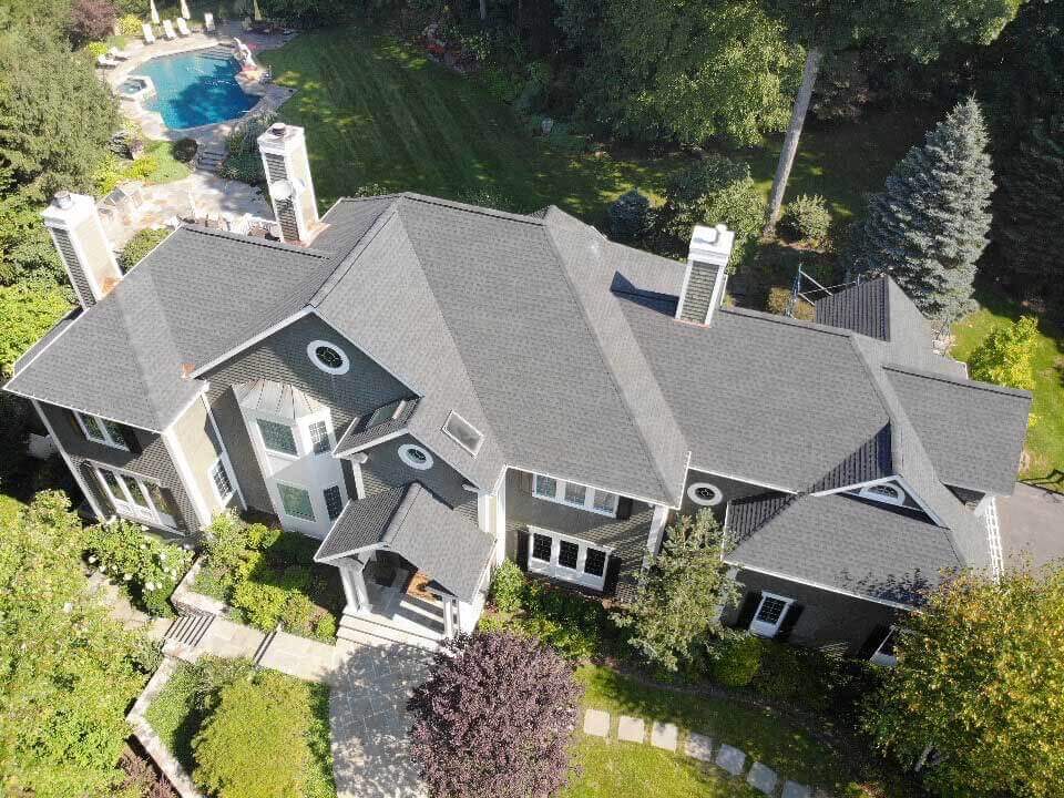 Overhead view of GAF asphalt shingles on home