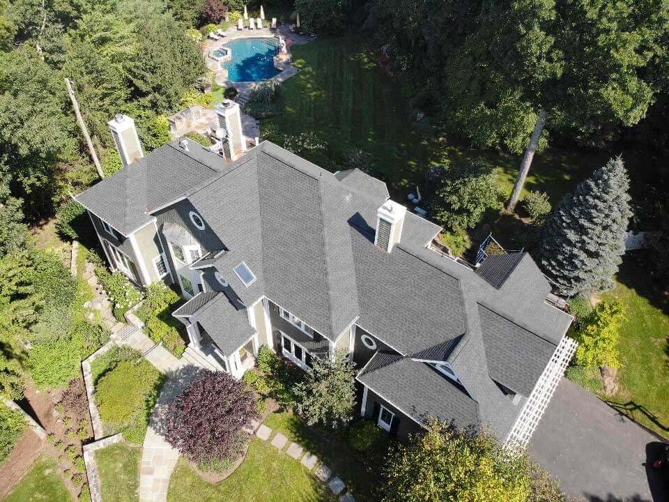 Overhead view of GAF asphalt shingles on home