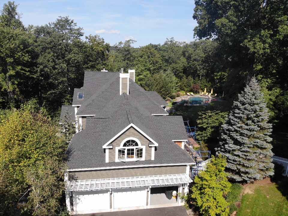 Overhead view of GAF asphalt shingles on home