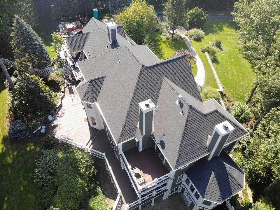 Overhead view of GAF asphalt shingles on home