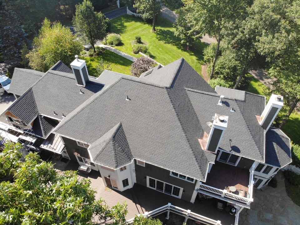 Overhead view of GAF asphalt shingles on home