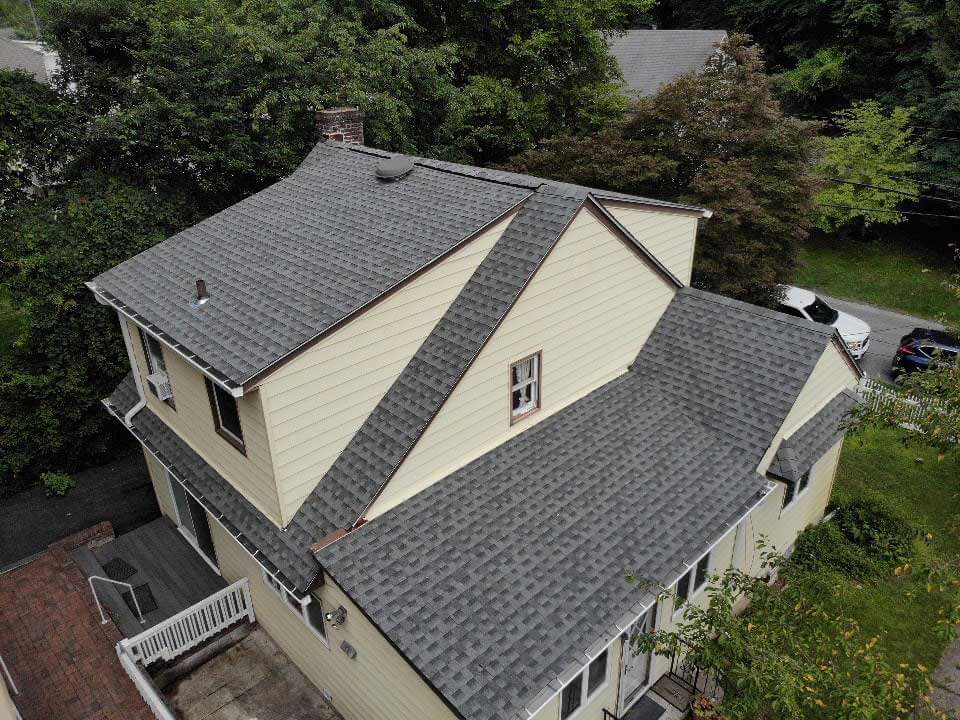 Aerial view of GAF asphalt roof on home