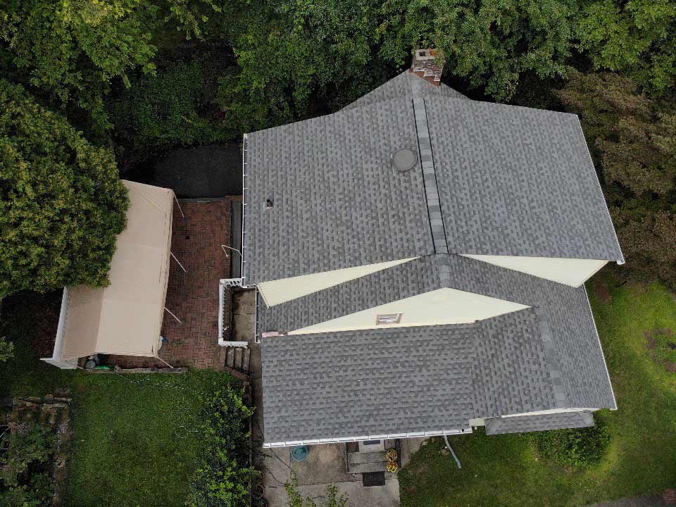 Aerial view of GAF asphalt roof on home